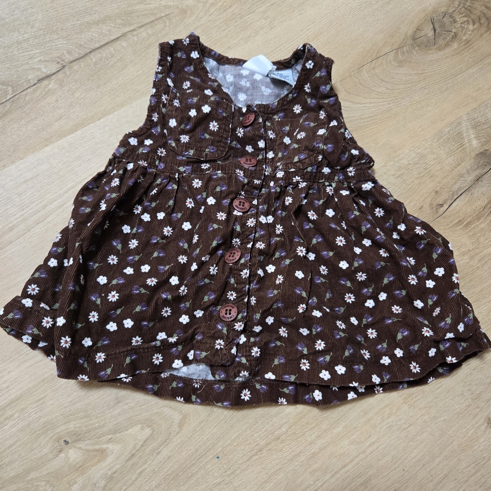 Cherokee baby girl brown corduroy floral sleeveless dress size 6m cotton vintage